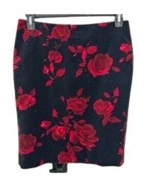 Talbots Petite Medium Black Red Velvet Rose Pencil Skirt Gothic Romantic Goth